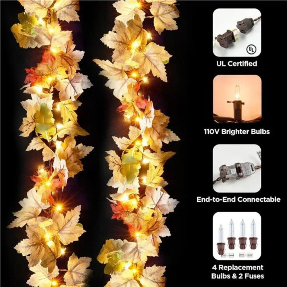 9Ft Fall Garland with Lights Plug in Fall Decorations for Home 50 White Bulbs